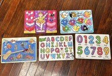 Lot Of 5 Melissa And Doug Chunky Wooden Puzzles Fishing Numbers, Letters, Colors