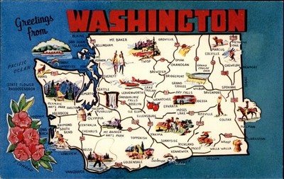 Greetings from Washington State Map vintage postcard b443
