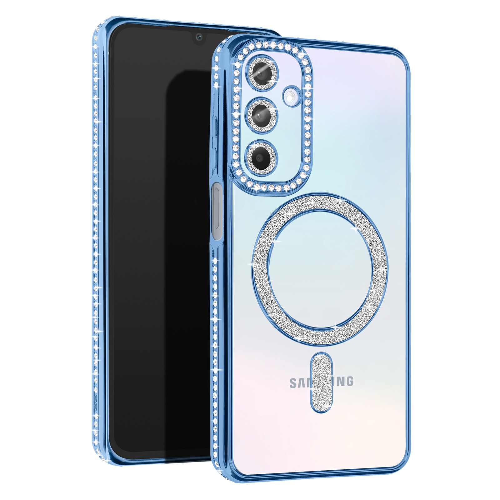 Housse diamant Galaxy A15 avec bordure strass bleu clair protège et sublime votre smartphone