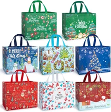 8 PCS Large Christmas Gift Bags with Handles, Non Woven Reusable Holiday Treat B