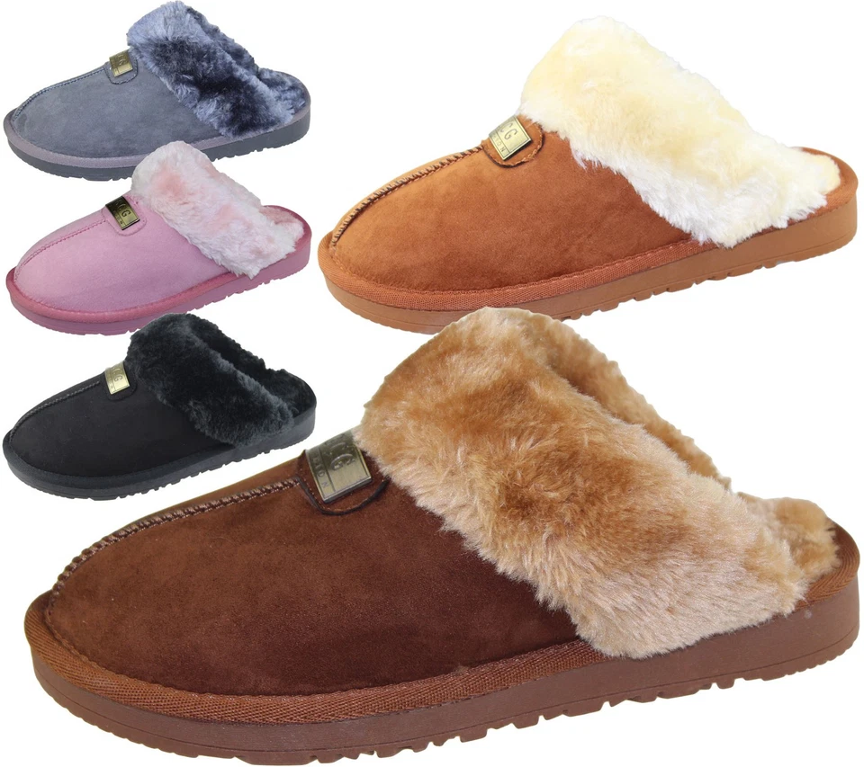 KOLLACHE Womens Fur Lined Slippers Ladies Mules Non Slip Rubber Sole Shoes