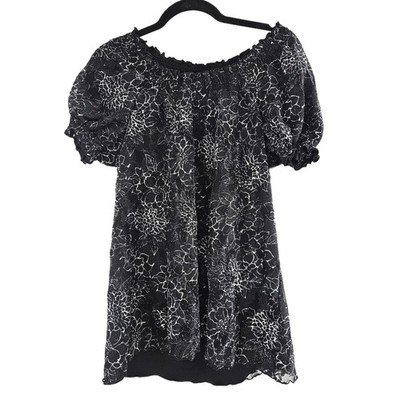 VTG Y2K Fashion Bug Black White Floral Off-Shoulder Ruffle Puff Sleeve Tunic M