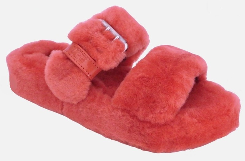 Womens UGG FUZZ YEAH Mariposa Coral Pink Sheepskin Platform Sandals Slides sz 10