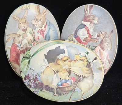 Vintage Enesco Easter Tin Box Lot Of 3 Bunny Rabbit Easter Basket Oval Shaped 