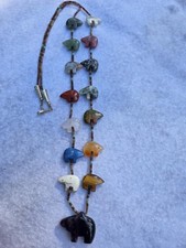 VTG Zuni Big Bear Native American Beaded Multi-Stone Carved Bear Fetish Necklace