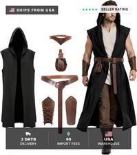 Men's Medieval Renaissance Costume Set,Halloween Ranger Hooded Vest LARP,XL