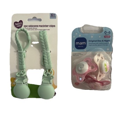 Pacifier Clip AND mam original baby binky pacifier matte collection pink