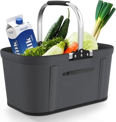 30L Foldable Shopping Basket with 4 Support Poles, Sturdy Carry Basket & Picn...