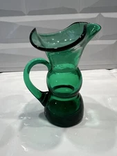 Vintage Green Hand Blown Glass Mini Pitcher/Creamer/Vase Applied Handle