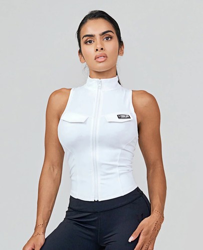 Firm Abs Army White Fitness Workout Gym Athletic Zip Up Vest Tank FINAL SALE
