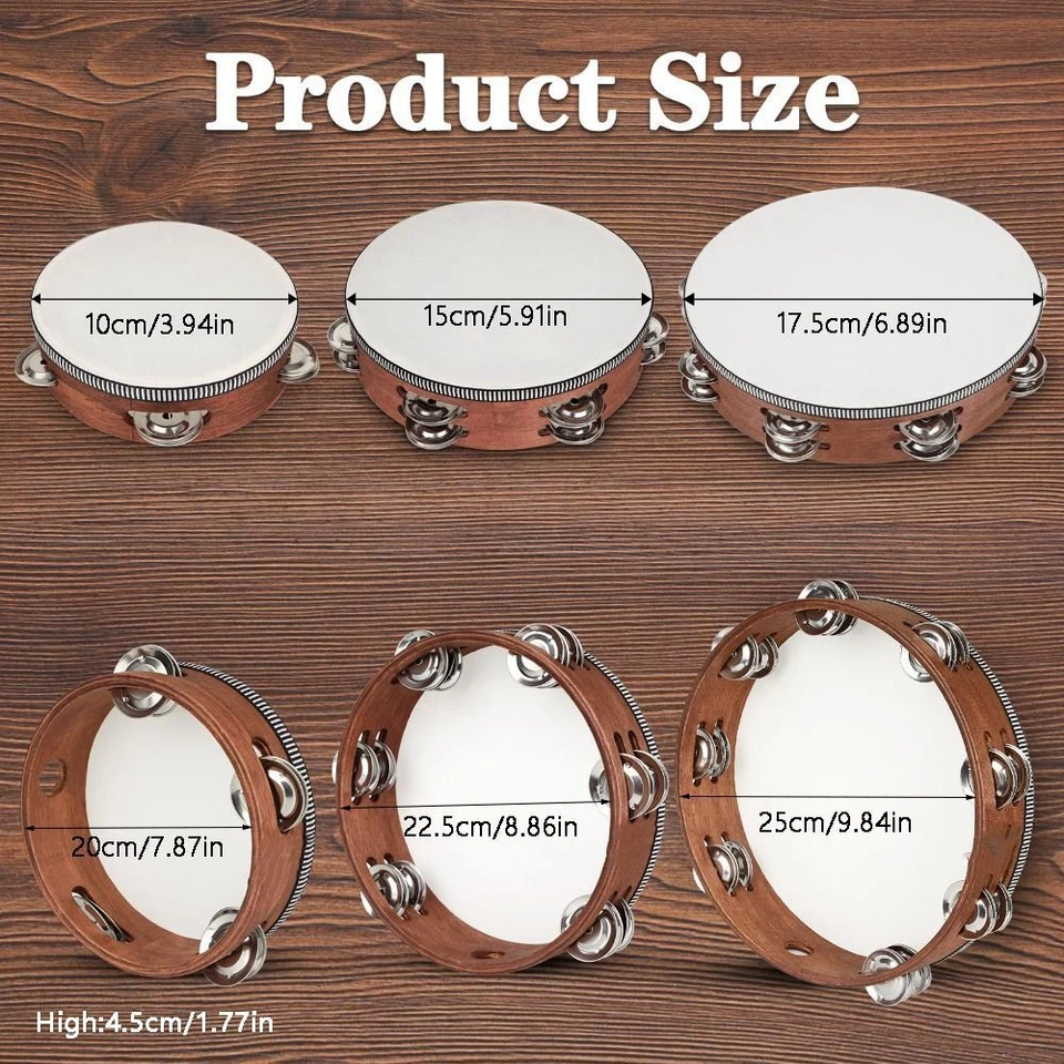 Tambor de pandereta de 4/6/7/8/9/10 pulgadas con tono de llamada de metal tambor de mano de madera nuevo Foto 3 de 4