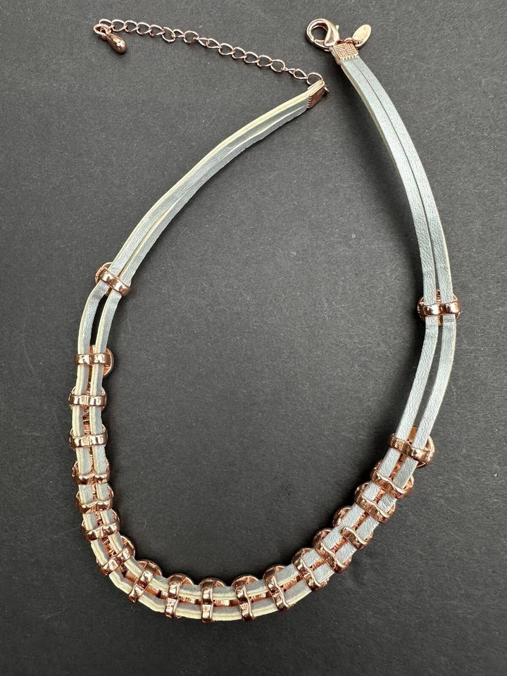 Marks & Spencer Multiple Copper Circles Rhinestones Two White Leather Necklace - Image 2 of 2