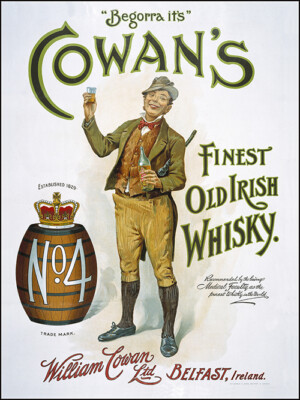 Cowans Belfast Irish Whiskey no. 4 vintage ad reproduction steel sign bar decor