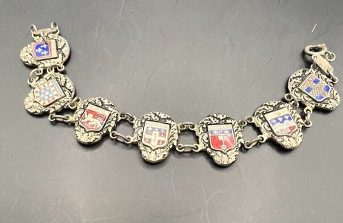Vintage French Heraldic Souvenir Bracelet AR Lyons Sterling Silver Enamel Shield - Picture 2 of 22