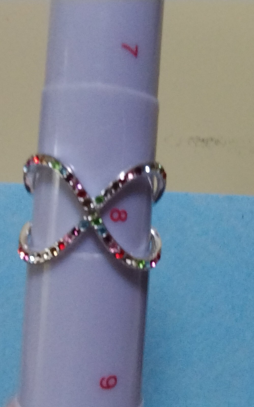 Crossover Multi Colored Rhinestone Silvertone Ring - image 4