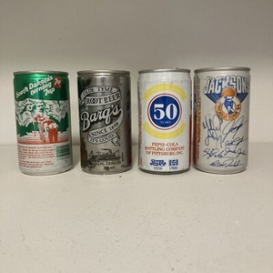 Lot 4 Vintage Soda Cans Pepsi Jackson 5 Mt Dew Rushmore Barq's Root Beer
