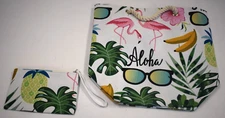 Aloha Summer Canvas Tote Bag Palm Tree Hawaii Polyester Tote with Zip Pouch Bag