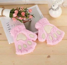 1Pair Winter Cartoon Cute Cat Paw Claw Gloves Pink Plush Warm Mittens Girls AU