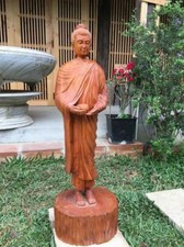 Wooden Standing Buddha Statue Holding Alms Bowl Hand Carved in Vietnam 3.4 Ft H