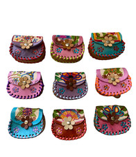 10 PIECE WHOLESALE , MINI LEATHER HAND TOOLED  BAG , INI BAG , 3" X 3.5" FLOWER