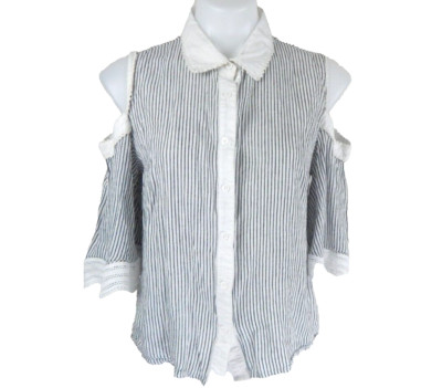 Current Air Anthropologie Medium Top White Striped Button Up Cold Shoulder EUC