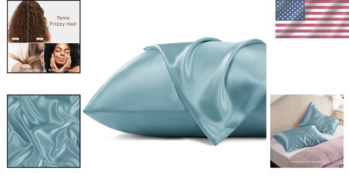 Gift-Worthy Queen Size Satin Pillowcase Set - 2 Zippered Covers in Grey Blue - Picture 2 of 8