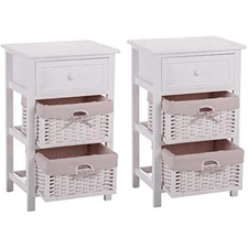 Set of 2 fully assembled nightstand with 2 wicker baskets, wooden beds