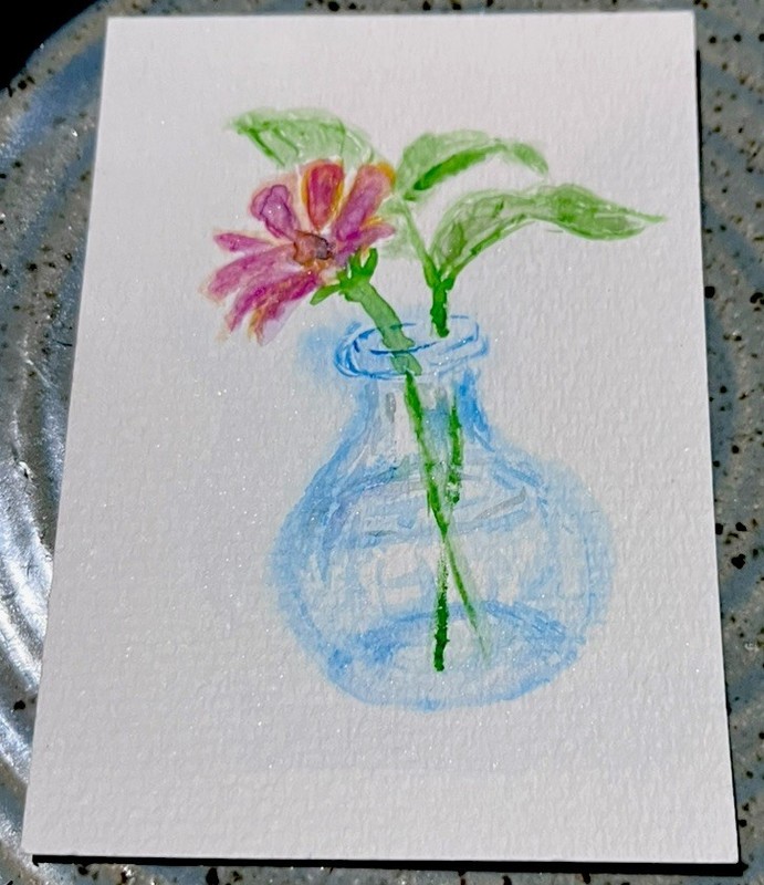 aceo original watercolor painting Zinnia in Vase