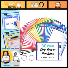 30 Pack Oversized Reusable Dry Erase Sleeves, 10 Assorted Colors, Clear Protecto
