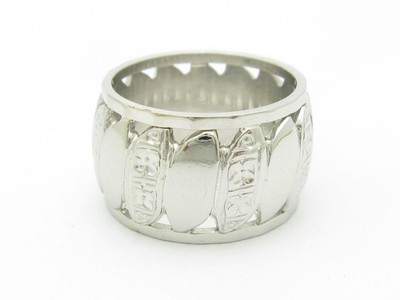 14k Oro Blanco Diamante Corte Mano Grabado Diseño Vintage Banda Anillo Ancho De