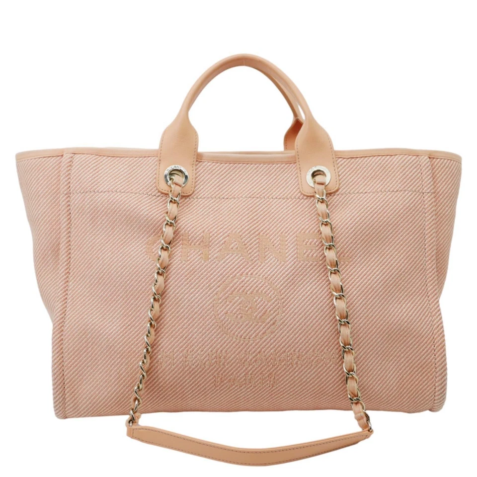 CHANEL Deauville Mixed Fibers Calfskin Leather Tote Bag Peach