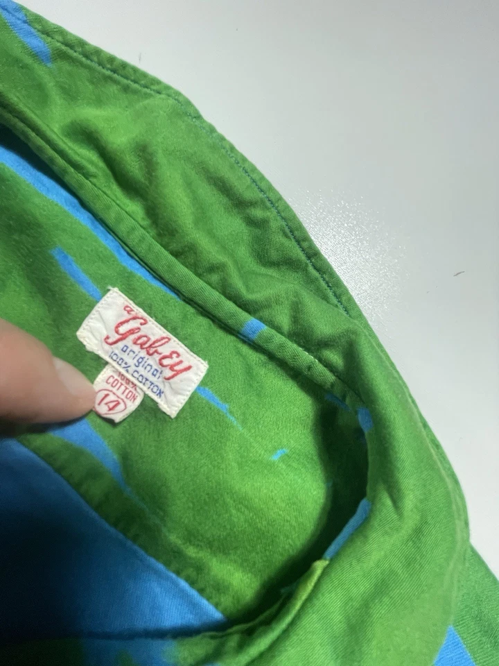 Camisa Artística Cuello Lazo Diseño Galey Años 60 De Colección Azul Verde Algodón Pequeña 14 Foto 2 de 4