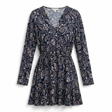 Tommy Hilfiger Paisley Belted Pullover Dress Long Sleeve V Neck Navy M
