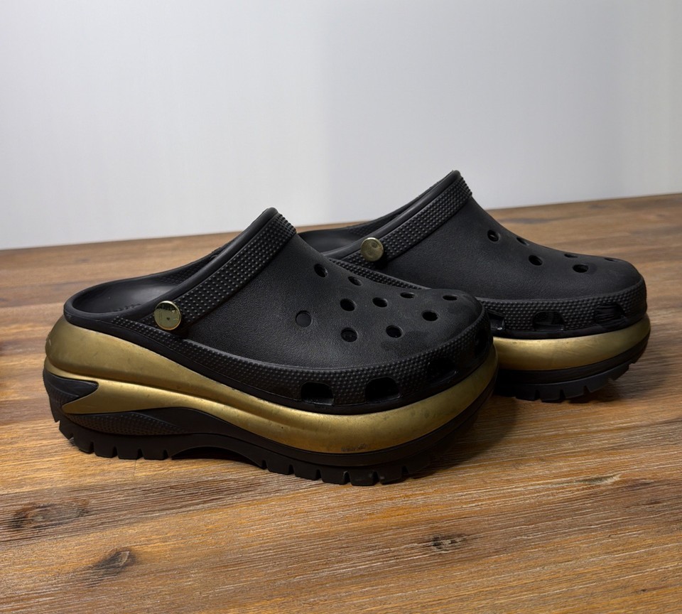 Crocs Mega Crush Metallic Clogs Black & Gold Platform Slip-On Shoes Size M5 W7