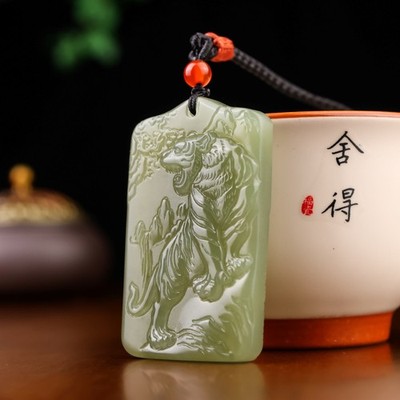 Natural Hetian Jade Icy Green Hand carved Necklace Pendant zodiac sign Tiger 生肖虎