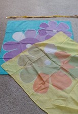 1960s 2 MOD Print Scarves 21" X 21" Teal Purple, Yellow Orange