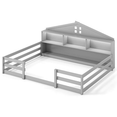 Full Size Montessori Floor Bed w/LED Lights Safety Guardrails Compartments Shelf