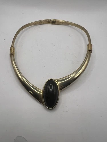 Vintage Hinged Choker Faux Onyx Gold Tone Costume Jewelry Piece
