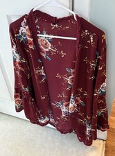 Burgundy Wine Floral Kimono Crochet Trimmed Bell Sleeve Open Cardigan Size 3x