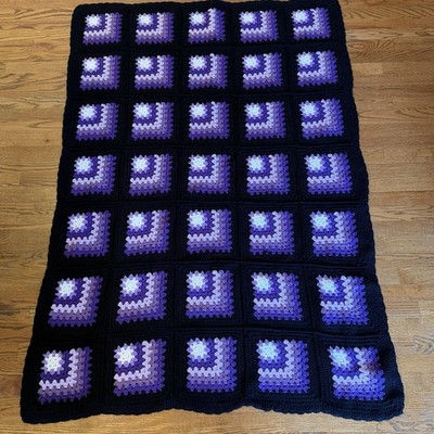 Handmade Black Purple Gradient Granny Square Crochet Afghan 3D Optical Illusion