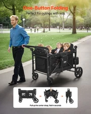 New Wagon Stroller for 4 Kids, Push Pull Quad Collapsible Stroller with Adjust