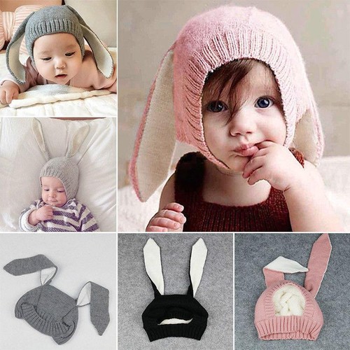 Soft Toddler  Kid Rabbit Bunny Ears Crochet Knitted Earflap Hat Warm Cap FI - Picture 1 of 16