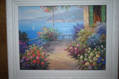 VINTAGE DAVID MEDITERRANEAN OCEANVIEW VILLA OIL PAINTING 20"X16" WHITE FRAME SET - Picture 3 of 18