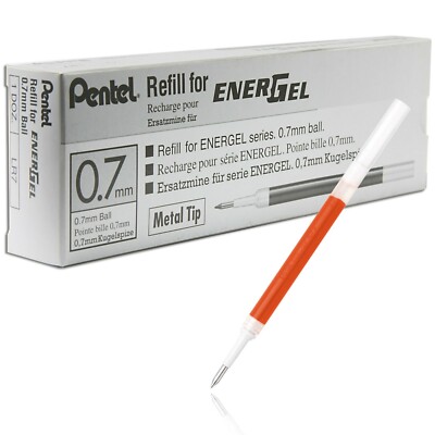 LR7-F Pentel EnerGel Roller Pen Refill, 0.7mm Medium, Orange Ink, Pack of 12