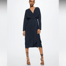 Mango MNG size xs xsmall Wrapped midi dress Navy blue wrap collar tied
