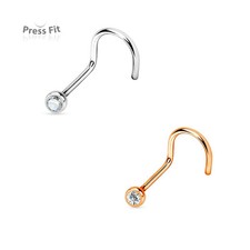 2 Pack 18G 20G Nose Ring Screw Steel and Rose Gold Tone with Press Fit Gem Studs