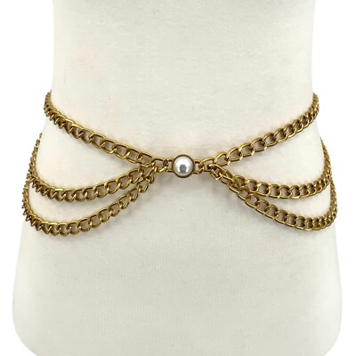 Women 3 layers Vintage Gold Metal Pearl Chain Linked Boho Flexible Belt Necklace