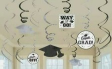 GRADUATION HANGING SWIRLS Party Decorations WHITE Congrats Grad Cap 12 Piece