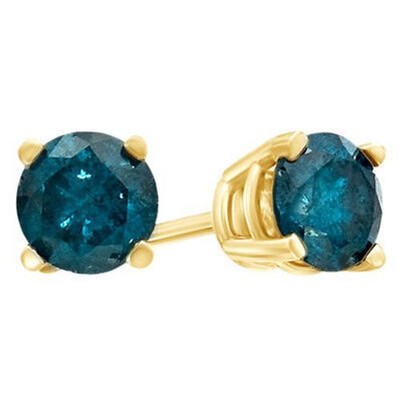 1.00 Ct Blue Natural Diamond Solitaire Stud Earrings 14K Yellow Gold