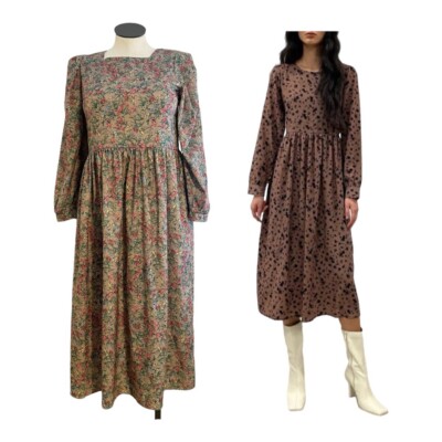 Oak + Fort Mixed Fabric Square Neck Neutral Floral Ditsy Midi Dress Modest  OS TU | eBay